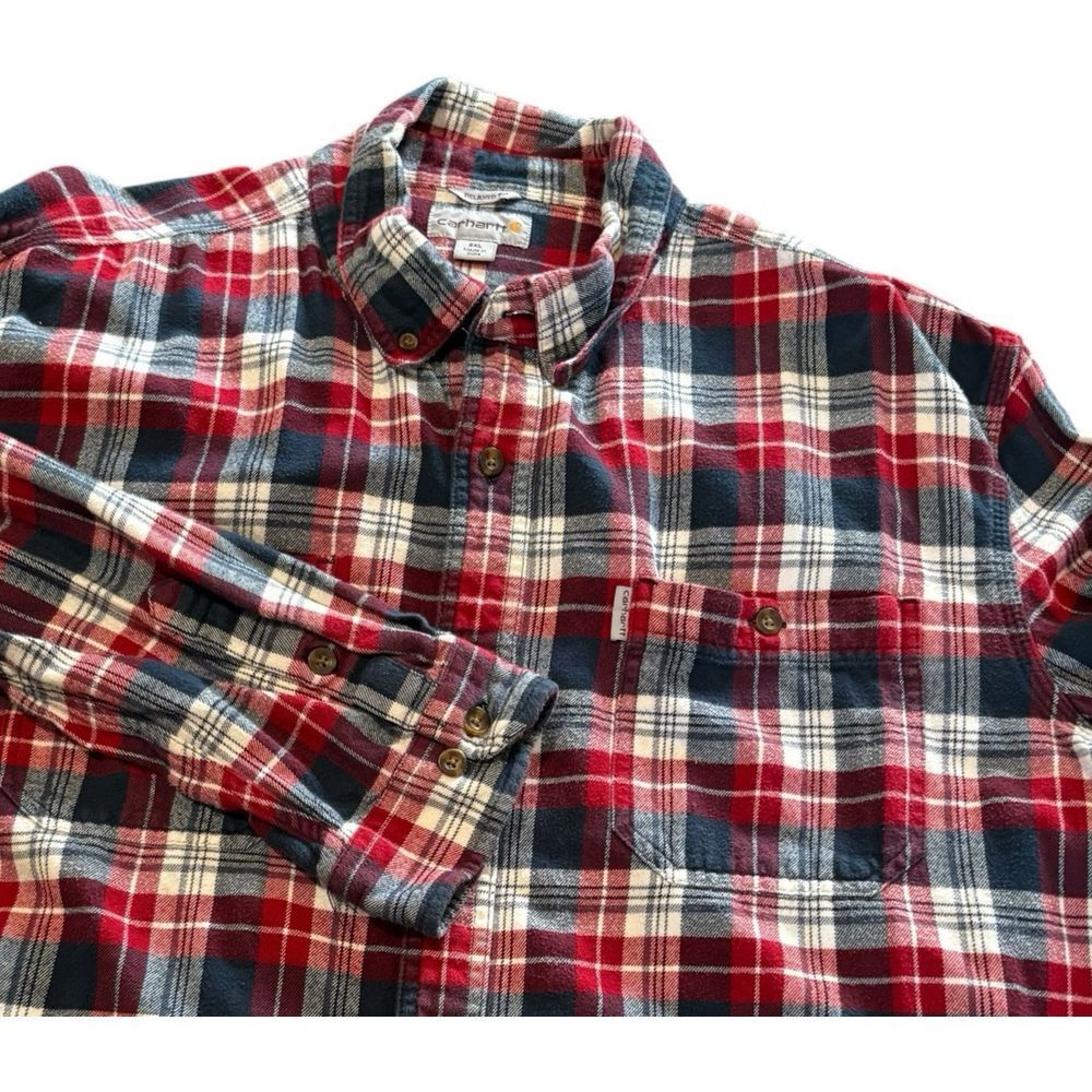 Carhartt Mens Shirt Plaid Flannel Relaxed Fit 2XL Button Down Red‎ White Blue